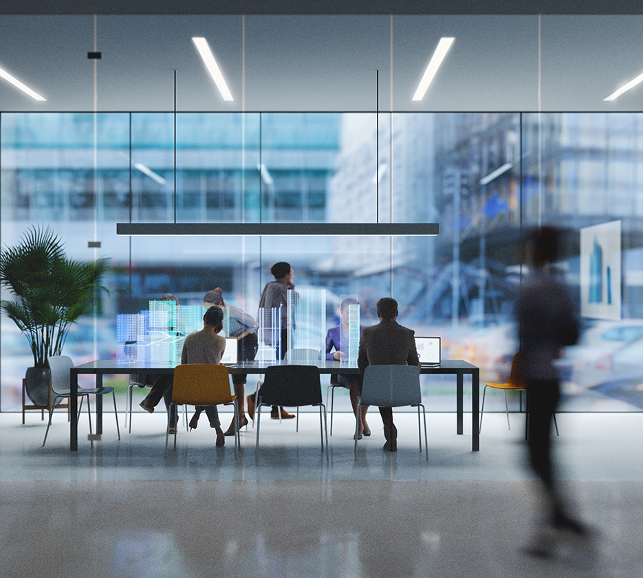 Group of people working in a modern board room with augmented reality interface, all objects in the scene are 3D