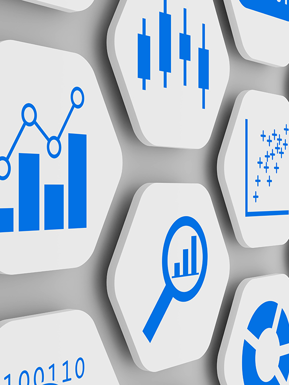 Business analytics and data science concept with graph and chart icons on 3D hexagonal grid, abstract illustration of KPI, metrics, information dashboard and analysis with clean modern design