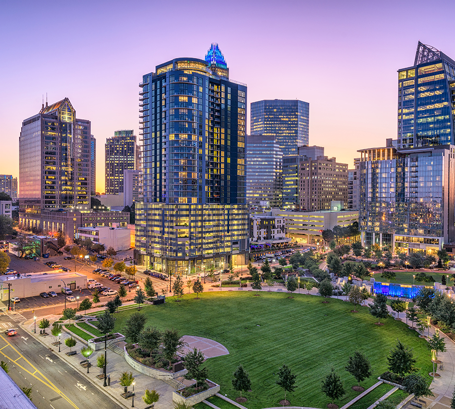 Charlotte, North Carolina, USA uptown skyline and park.